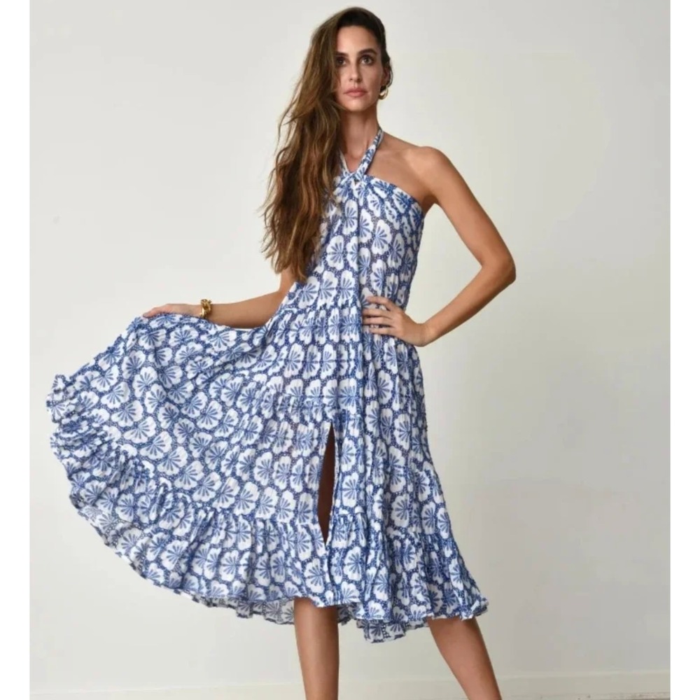 Muchette Julie Midi Dress Medium Large Coastal Blue Floral Embroidered Halter